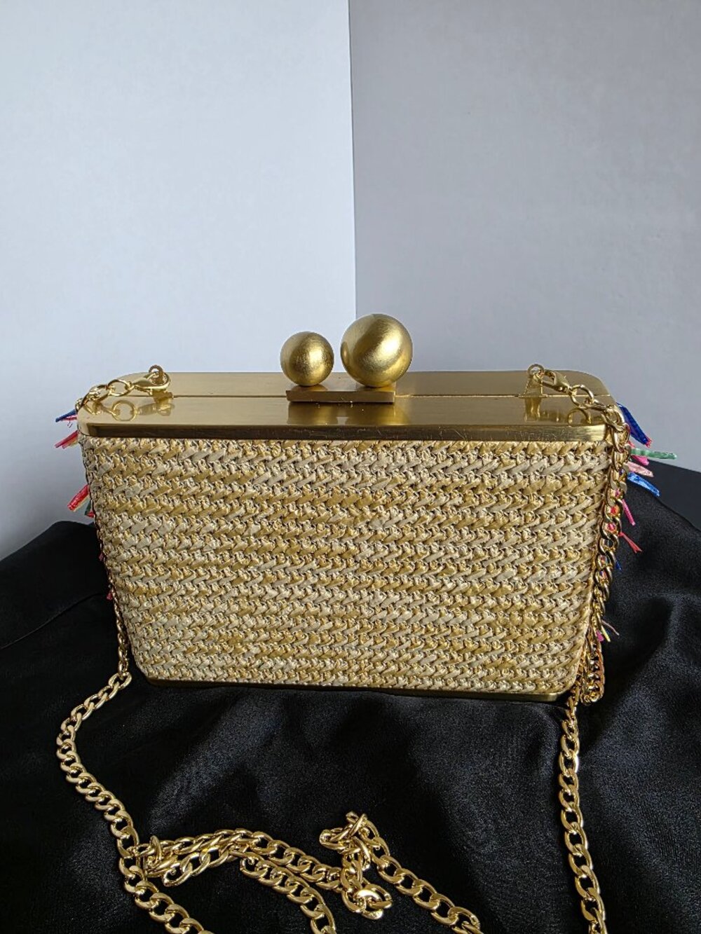 Olga Berg Carlita Carnivale Clutch Bag Multicolor Raffia Gold Frame Chain Strap - Picture 5 of 16
